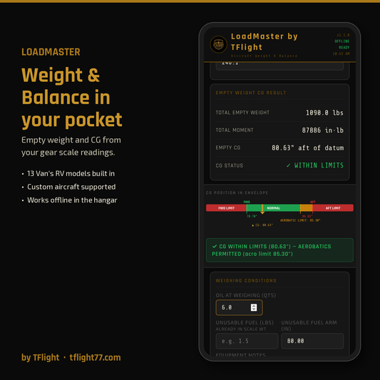 LoadMaster weight and balance app showing empty weight and CG result for an RV-8