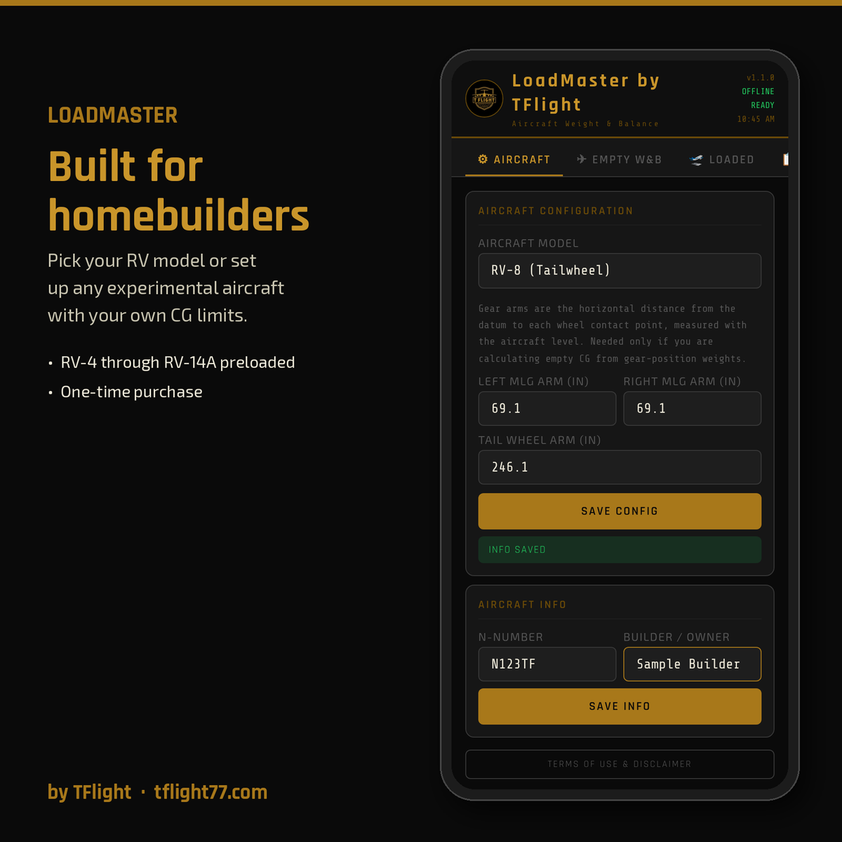 LoadMaster aircraft selection with Van's RV models and custom aircraft